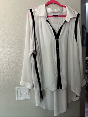 City Chic White Sheer High Low Blouse Black Contrast Trim SizeXL/22